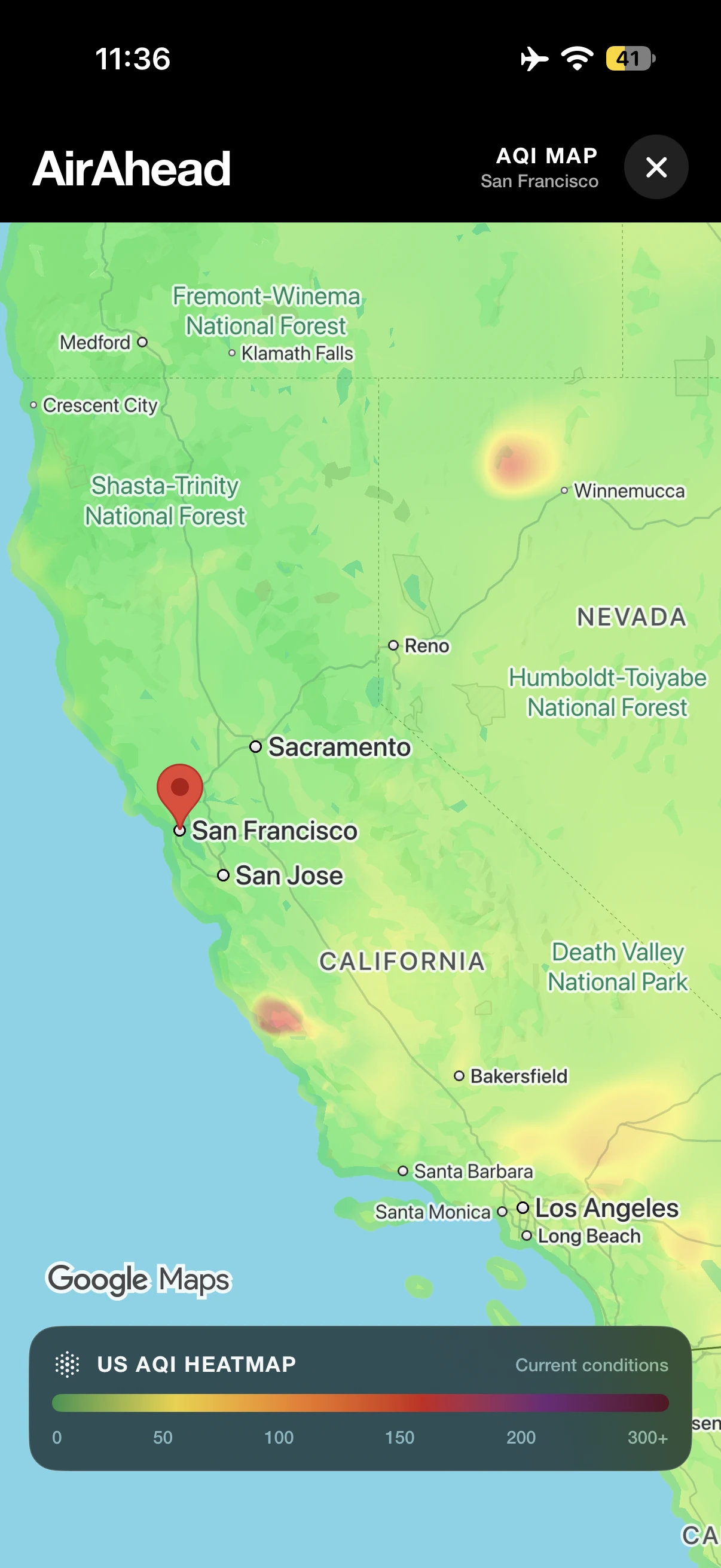 AirAhead’s US AQI heatmap across California and Nevada, with San Francisco selected and the air quality color scale below.